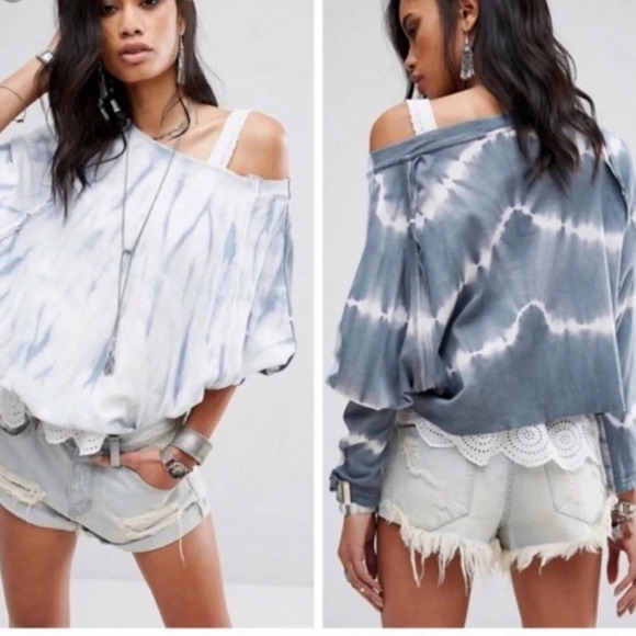 Free People Tops - Free People ||Tie Dye Oversized Sweatshirt Cotton Blue Crop Dolman Sleeves, Sm